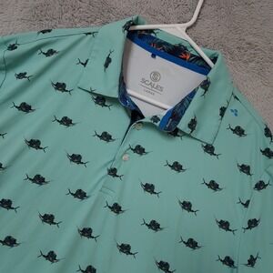 Scales Polo Shirt Men Large Sailfish Marlin Fishing Performance Stretch Golf EUC